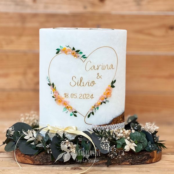 Hochzeitskerze modern Art mit Herz und 3D-Blumen