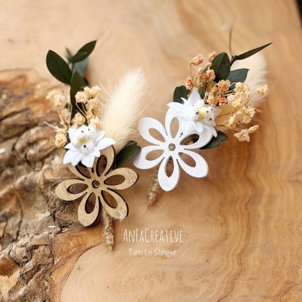 Anstecksträußchen Hochzeit mit Edelweiß, weißer Holzblume und Eukalyptus