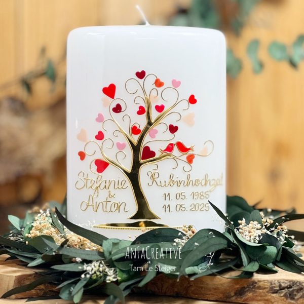Hochzeitskerze Vintage Rubin mit goldenem Lebensbaum und roten Herzen zur Rubinhochzeit