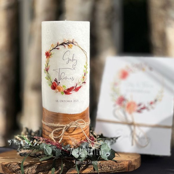 Hochzeitskerze Modern Kranz mit Blumen und Holzoptik