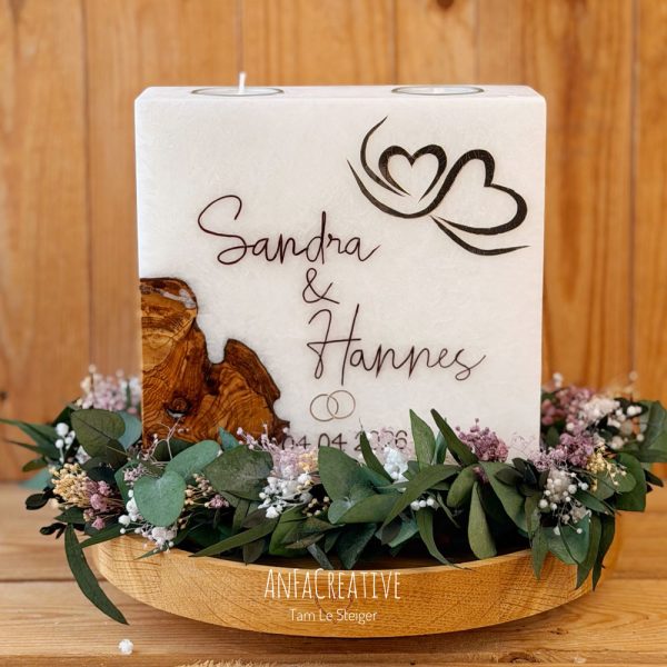 Hochzeitskerze Vintage Rustikal Holz mit zwei Herzen und Teelichteinsatz