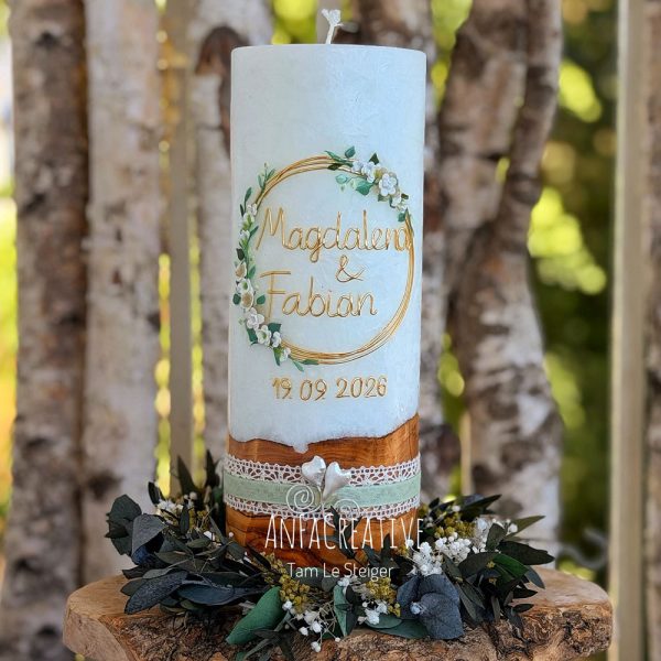 Hochzeitskerze Vintage Blumenkranz Gold mit Holzoptik und Spitze