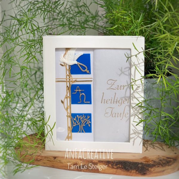Taufbrief Christliche Symbole für Jungen in Blau und Gold mit Taube, Alpha Omega und Lebensbaum