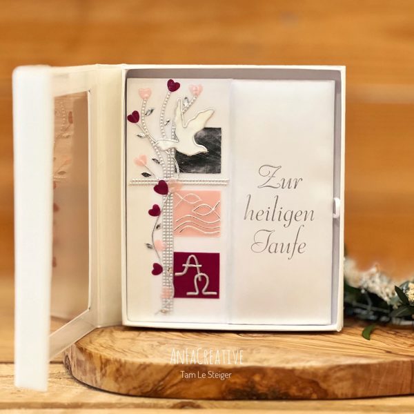 Taufbrief Christliche Symbole Mädchen in Rosa und Silber mit Taube, Fischsymbol und Alpha Omega