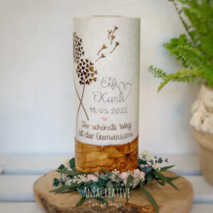 Holz Optik Hochzeitskerze mit Pusteblumen-AnFaCreative