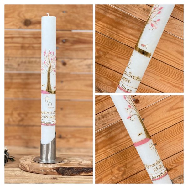 Personalisierte Lebensbaum Taufkerze für Mädchen mit rosa Blättern und Goldverzierung