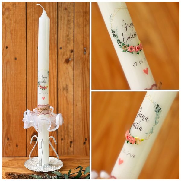 Vintage Mädchen Taufkerze mit 3D-Blumen, Eukalyptus und goldenen Details