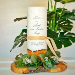 Hochzeitskerze mit Holzelement und Spruch-AnFaCreative