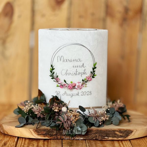 Hochzeitskerze Ovalform modern mit 2 Teelichtern und rosa 3D-Blumen