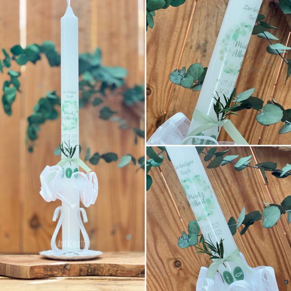 Taufkerze mit Eukalyptuskranz in Drucktechnik, personalisiert für die Taufe, Kerze Basis 40x3cm mit zartem grünem Design