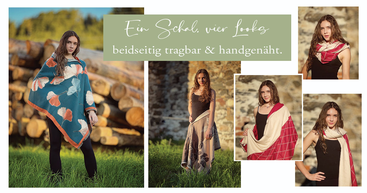 Multitalent Schal 4-in-1 – handgenäht & beidseitig tragbar, tragbar als Schal, Poncho, Umhang oder Rock