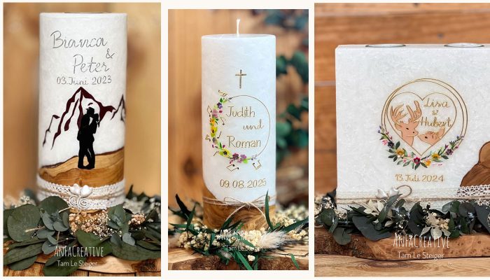 Personalisierte Hochzeitskerzen 2026 aus der Steiermark – mit Bergen, Musikmotiven und Jagdsymbolen