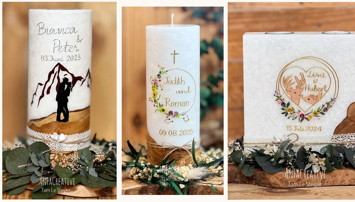 Personalisierte Hochzeitskerzen 2026 aus der Steiermark – mit Bergen, Musikmotiven und Jagdsymbolen