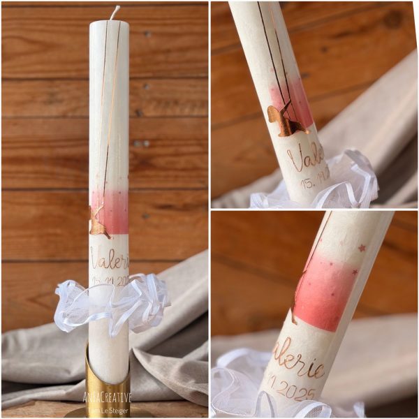 Personalisierte Taufkerze mit Mädchen auf Schaukel, Name und Taufdatum