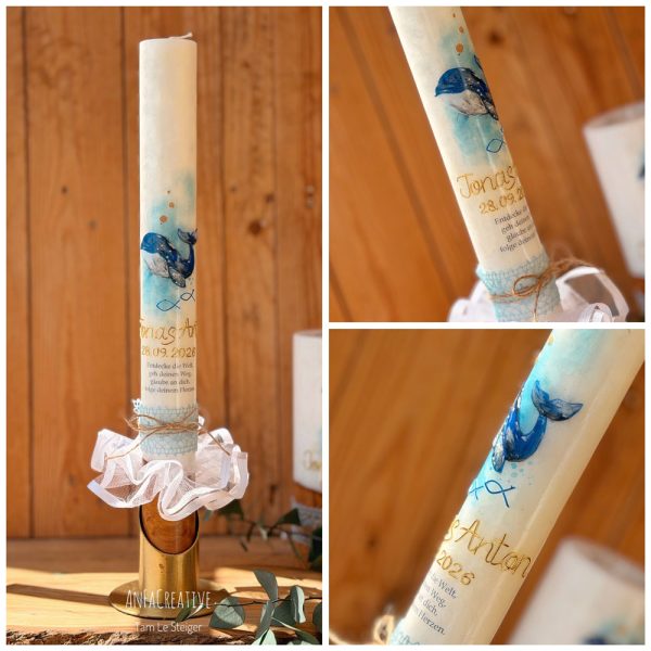 aufkerze mit Wal Motiv blau aus Crystal-Wachs mit Olivenholz, personalisiert für Jungen