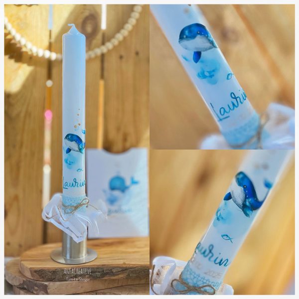 Taufkerze mit Wal Motiv blau für Jungen, personalisiert mit Name und Datum, maritimes Design zur Taufe