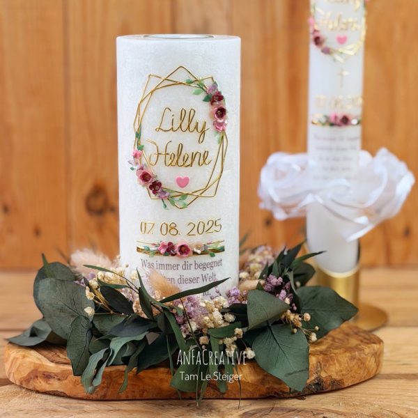 Lebenskerze Mädchen mit 3D Blumen und Teelichteinsatz in Rosa und Gold mit personalisiertem Namen zur Taufe