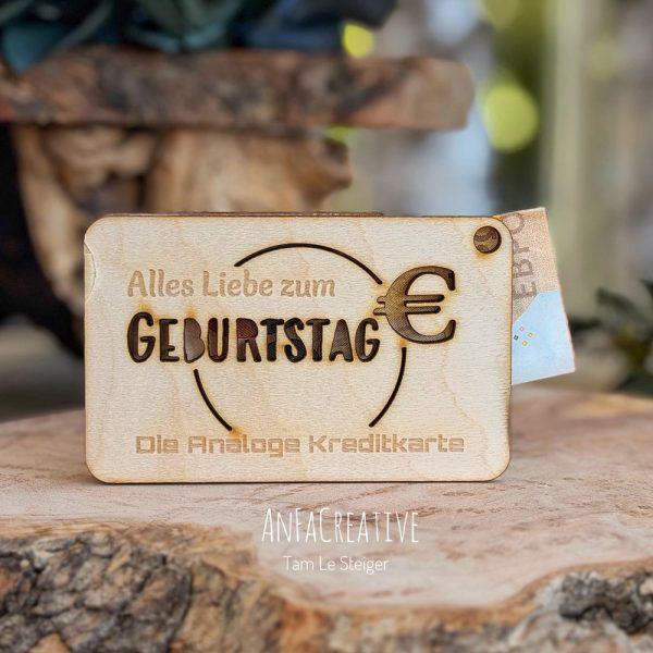 Geldgeschenk Holz Geburtstag – analoge Kreditkarte mit Alles Liebe zum Geburtstag