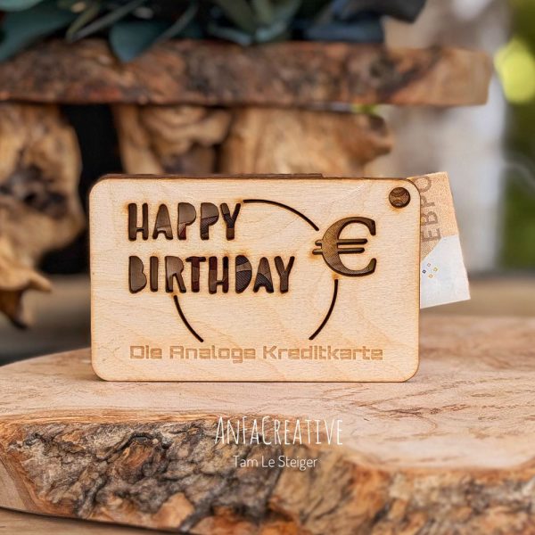 Geldgeschenk Geburtstag mit Happy Birthday Motiv aus Holz