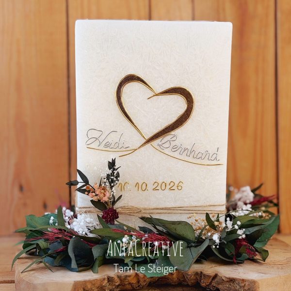 Hochzeitskerze mit Teelicht in Crystal-Optik mit Herz in Roségold sowie Silber- und Goldelementen – personalisiert von AnFaCreative