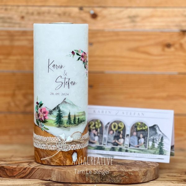 Hochzeitskerze Trachtenhochzeit personalisiert mit Landschaft und Blumen