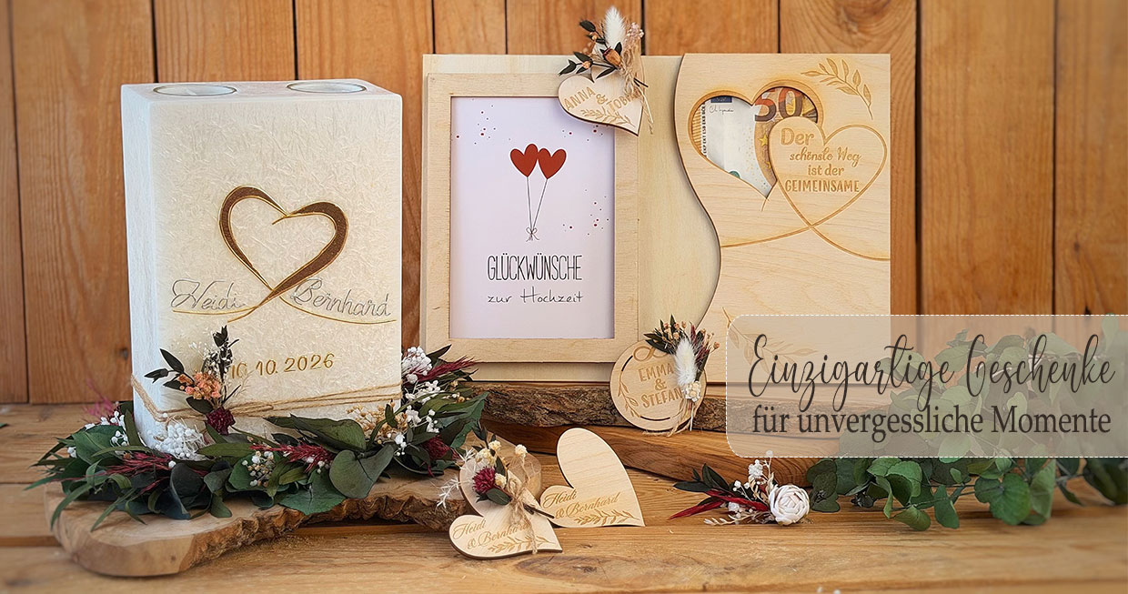 Personalisierte Hochzeitsgeschenke aus Holz und Kerzen – liebevoll von AnFaCreative entworfen und von Hand gefertigt