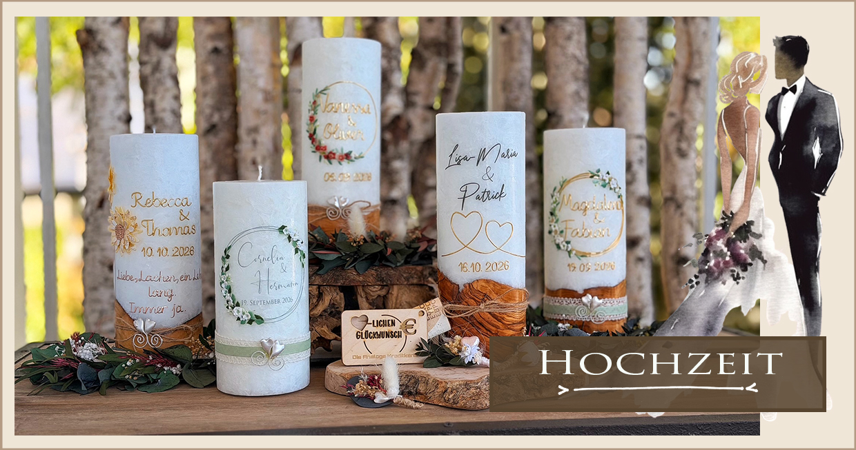Personalisierte Hochzeitskerzen und Hochzeitsanstecker von AnFaCreative