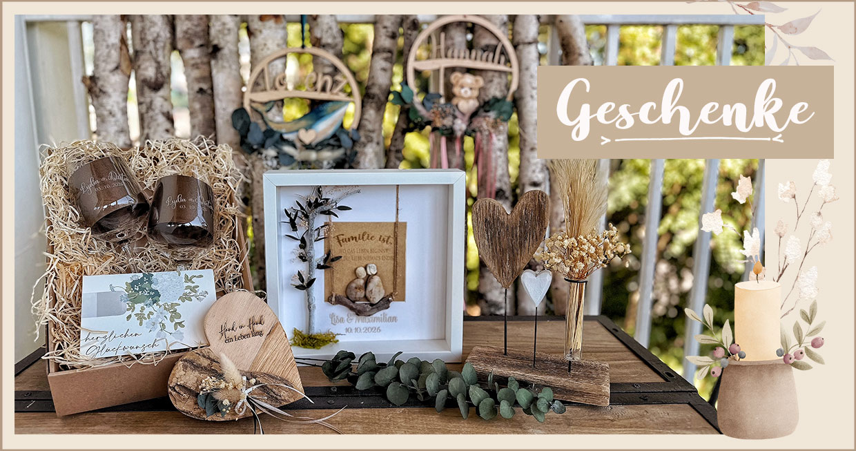 Personalisierte Geschenke von AnFaCreative mit gravierten Gläsern, Bilderrahmen, Holzherzen und liebevoll gestalteten Geschenkideen.