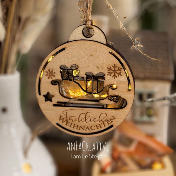 Weihnachtsanhänger mit LED – Schlitten voller Geschenke